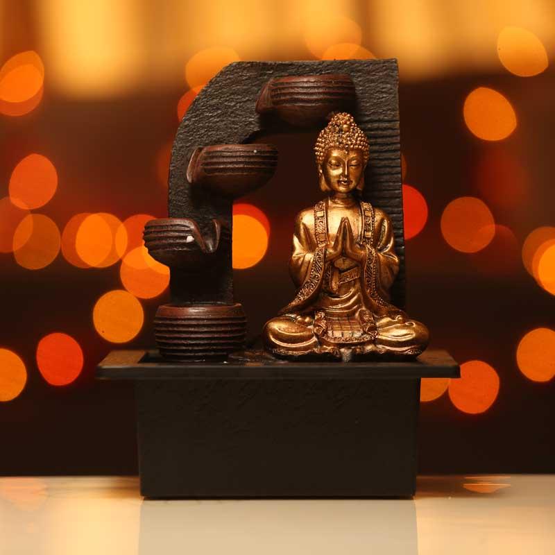 Captivating Lord Buddha Indoor Water Fountain with Four Ancient Vessels