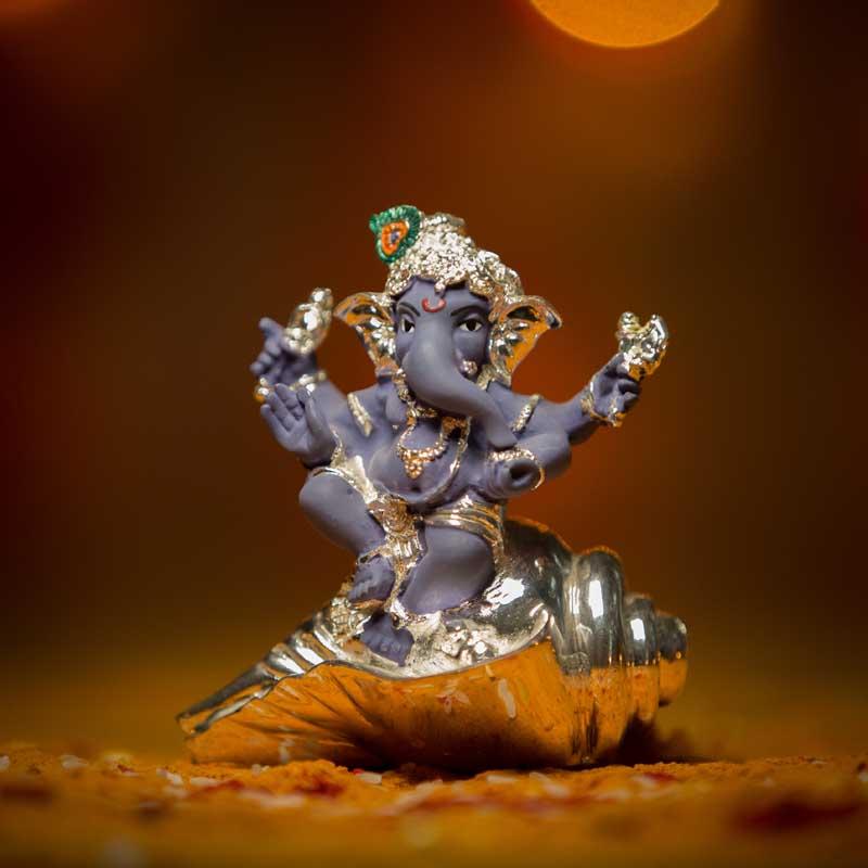 Blue & Silver Ganesh Statue on Shankh