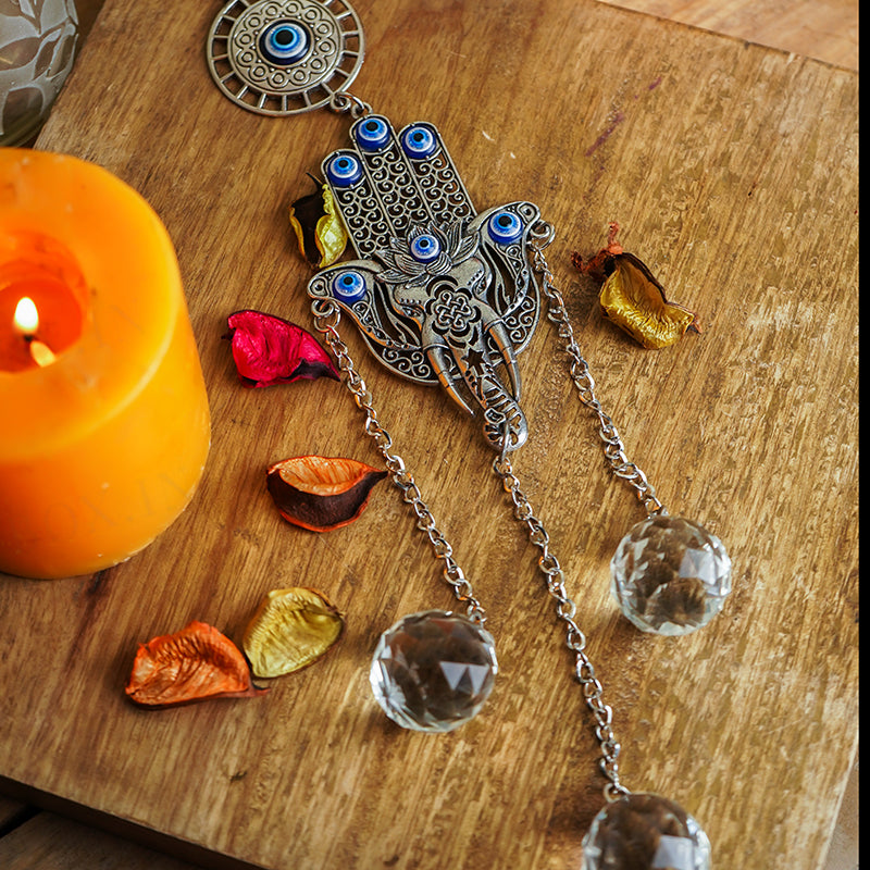 Evil Eye with Hamsa Hand Protection Crystal Hanging