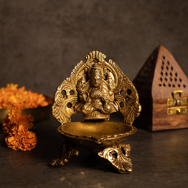 Brass Decorative Diya with Goddesses Laxmi