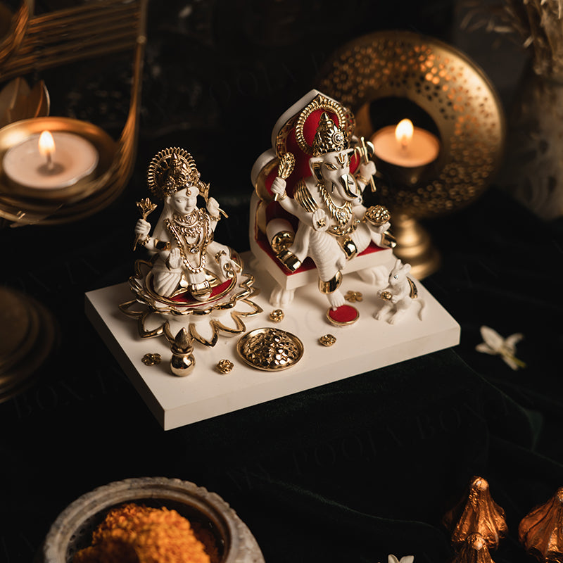 Marvellous Laxmi Ganesha Gold Plated Marble Idol