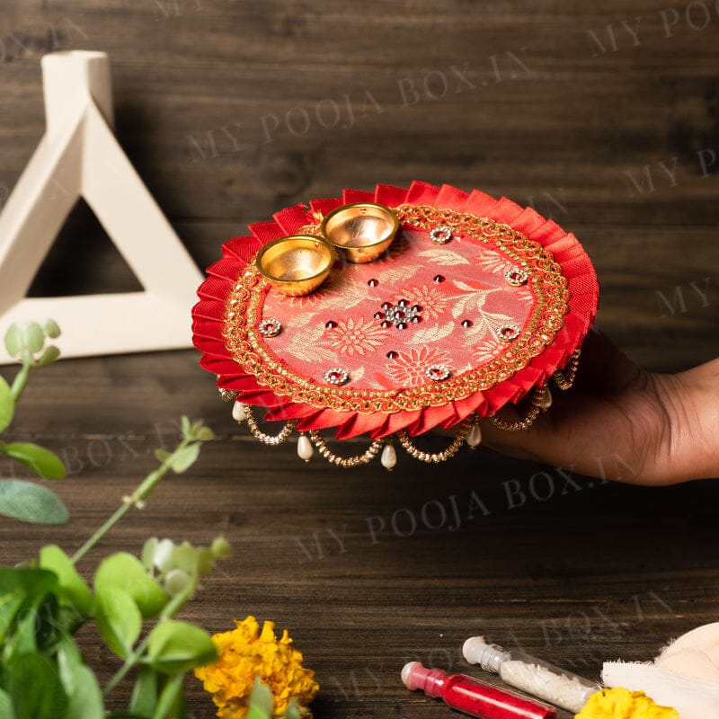 Red Pooja Thali With Ribbon Work 5''