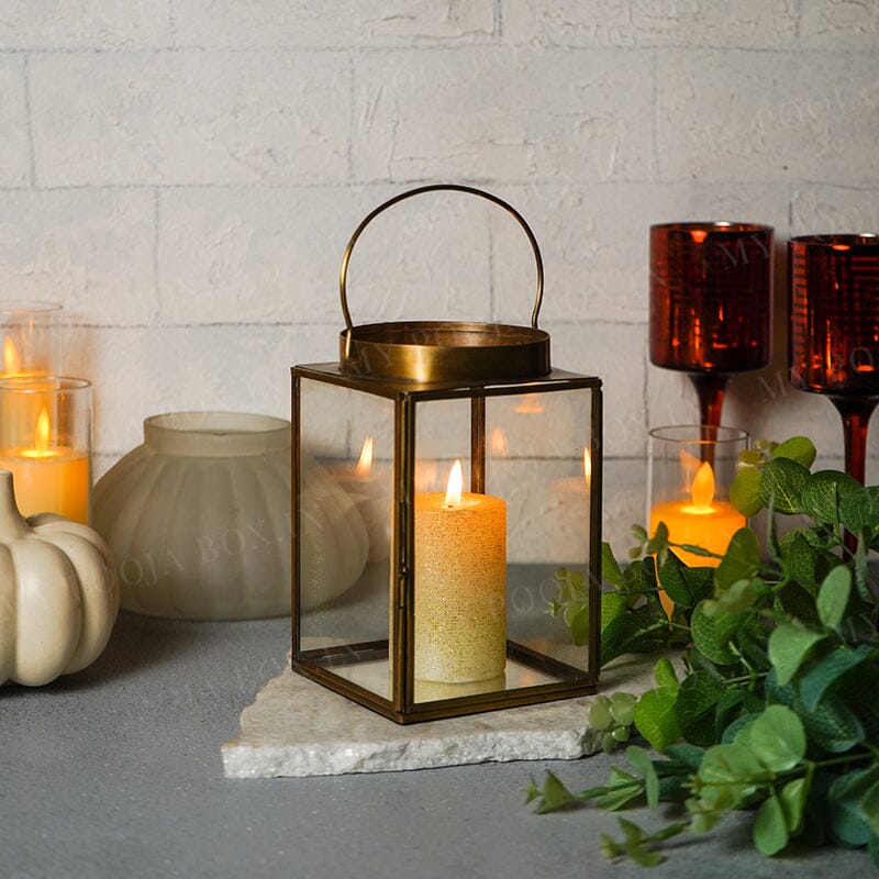 Vintage Wide Top Bronze Clear Glass Lantern 6"