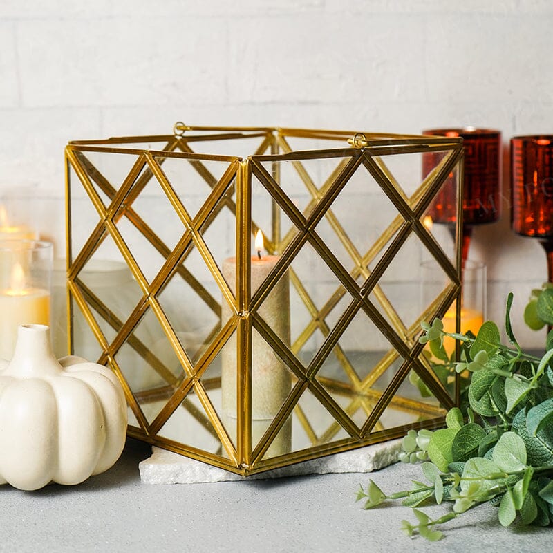 Square Gold Plated Metal With Clear Glass Candle Lantern