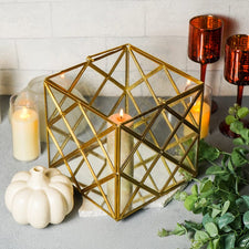 Square Gold Plated Metal With Clear Glass Candle Lantern