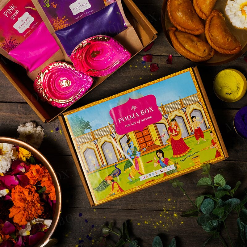 Pink & Purple Diyas & Herbal Gulaal Holi Gift Box (200gms)
