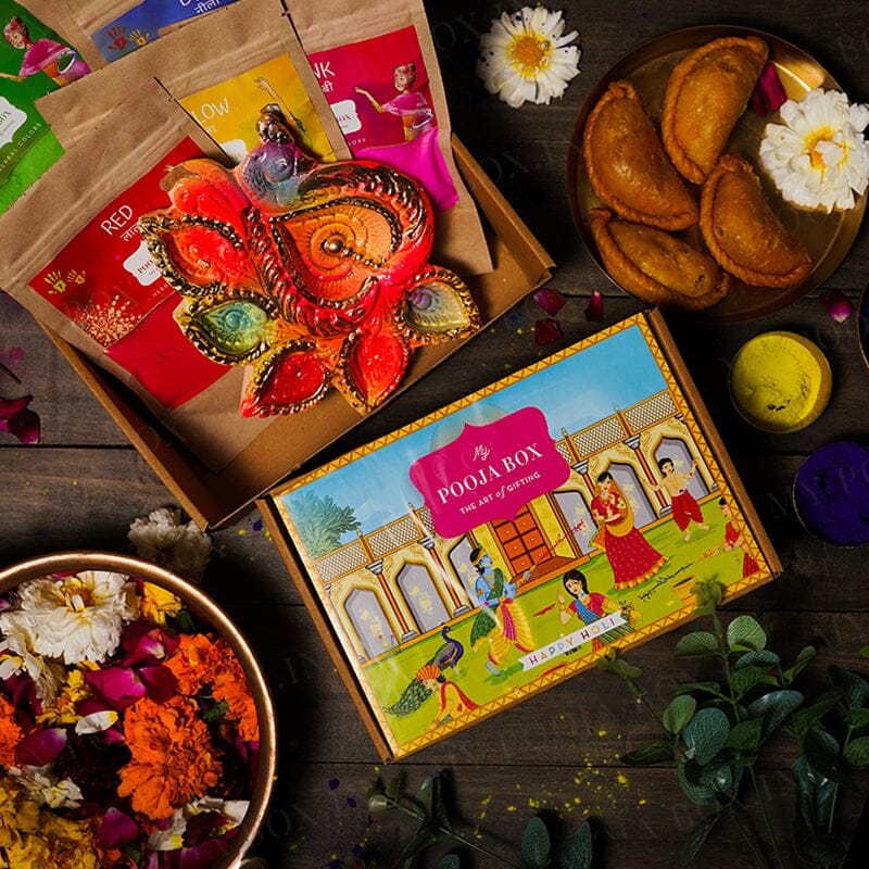 Colourful Peacock Diyas & 5 Herbal Gulaal Holi Gift Box (500gms)