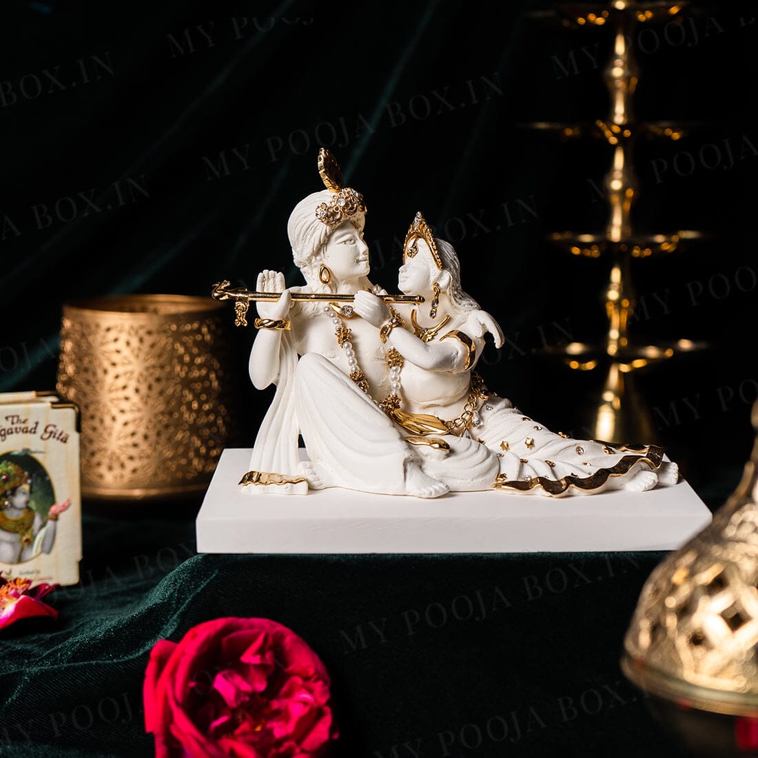 Radha Krishna Gold Plated Marble Idol (Large)