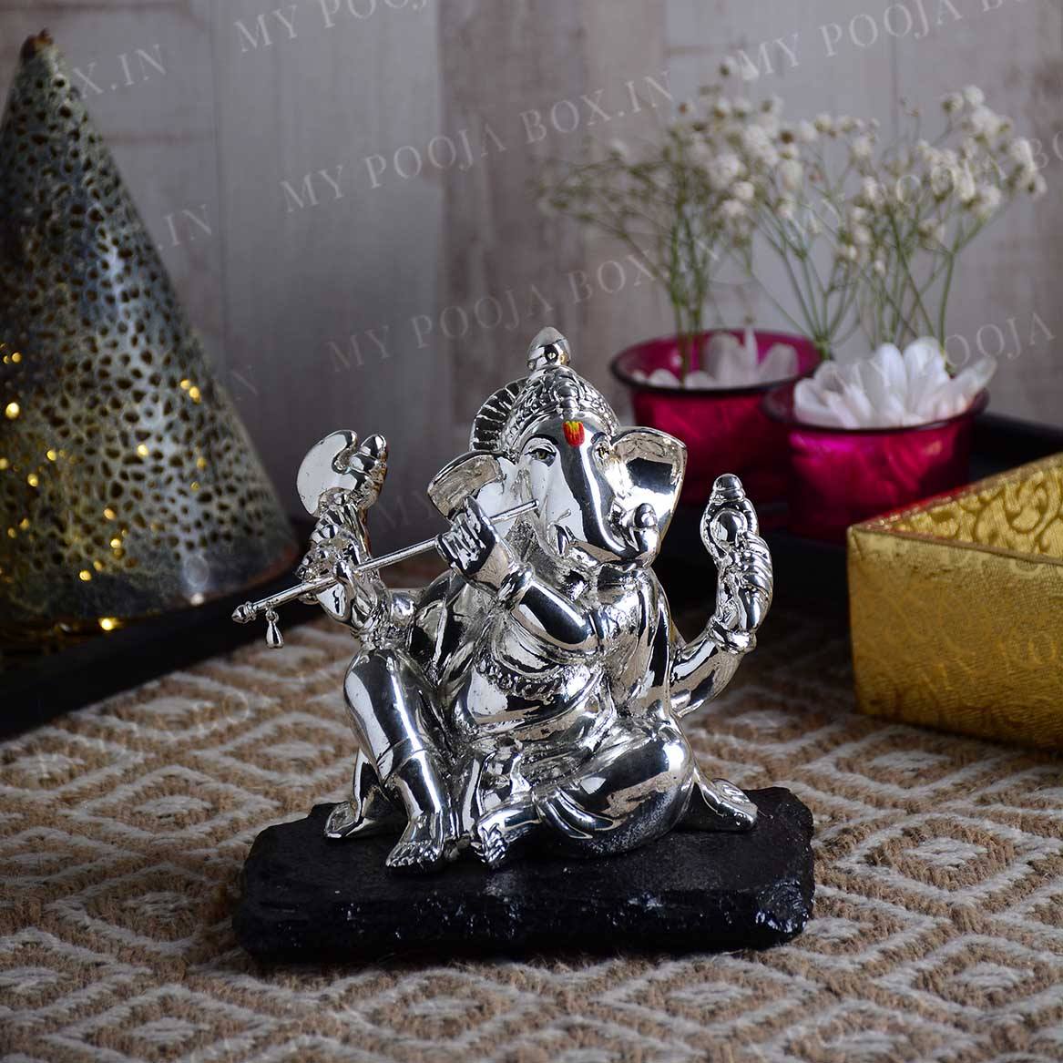 Adorable Silver Ganesha Playing Flute