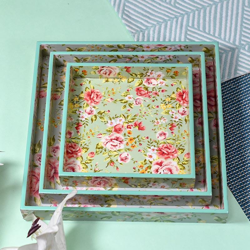 Floral Teal Green Serving Tray-Set of 3
