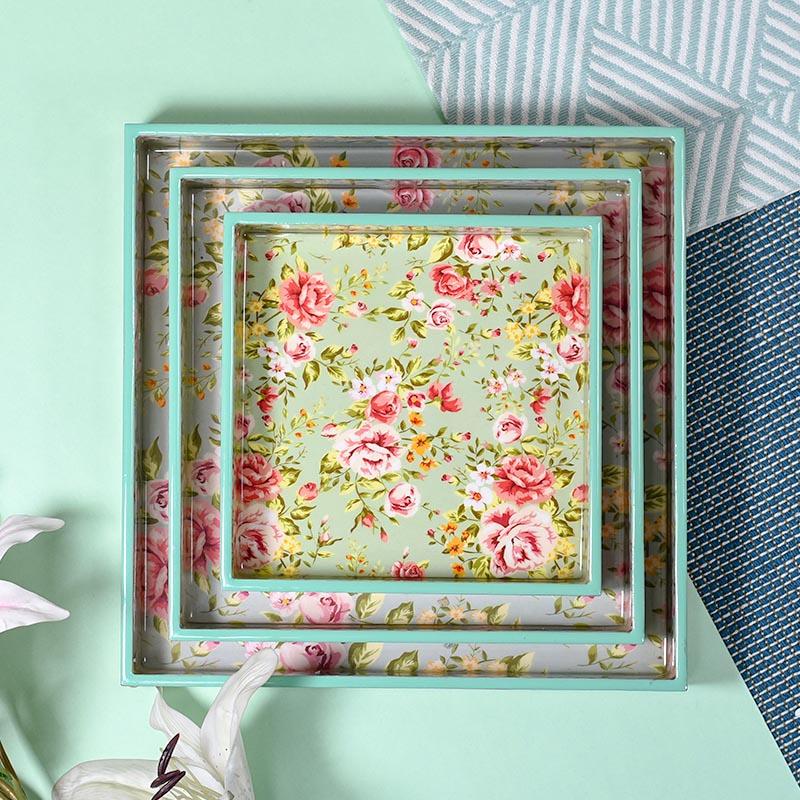 Floral Teal Green Serving Tray-Set of 3