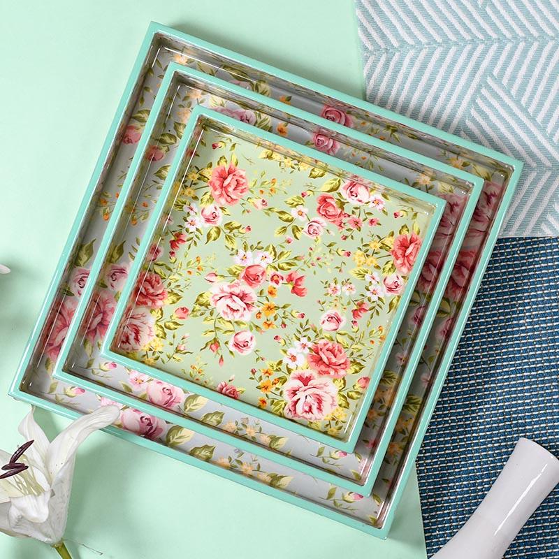 Floral Teal Green Serving Tray-Set of 3