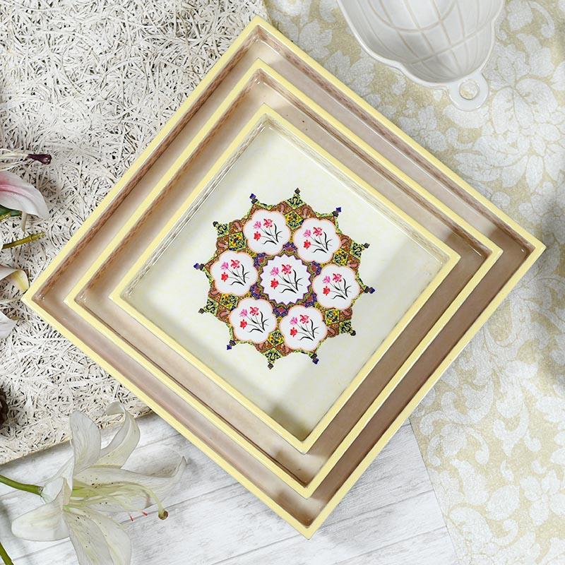 Mughal Art Beige Colored Serving Trays - Set of 3