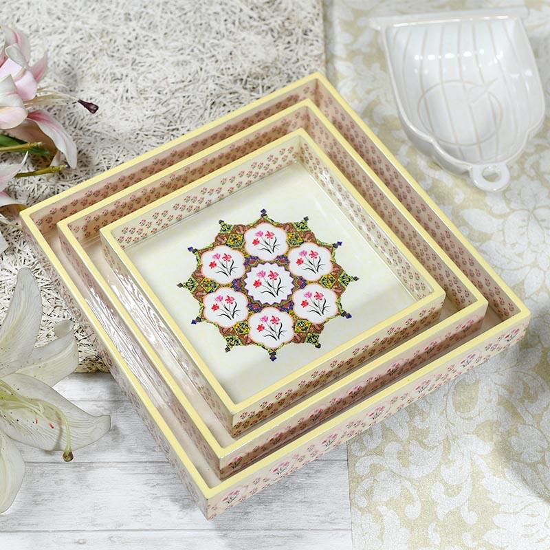 Mughal Art Beige Colored Serving Trays - Set of 3