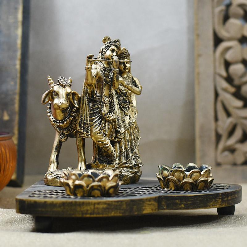 Stunning Radha Krishna Wooden Candle Holder Showpiece