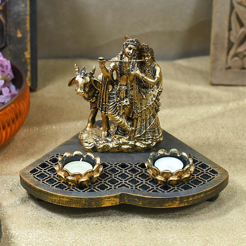 Stunning Radha Krishna Wooden Candle Holder Showpiece