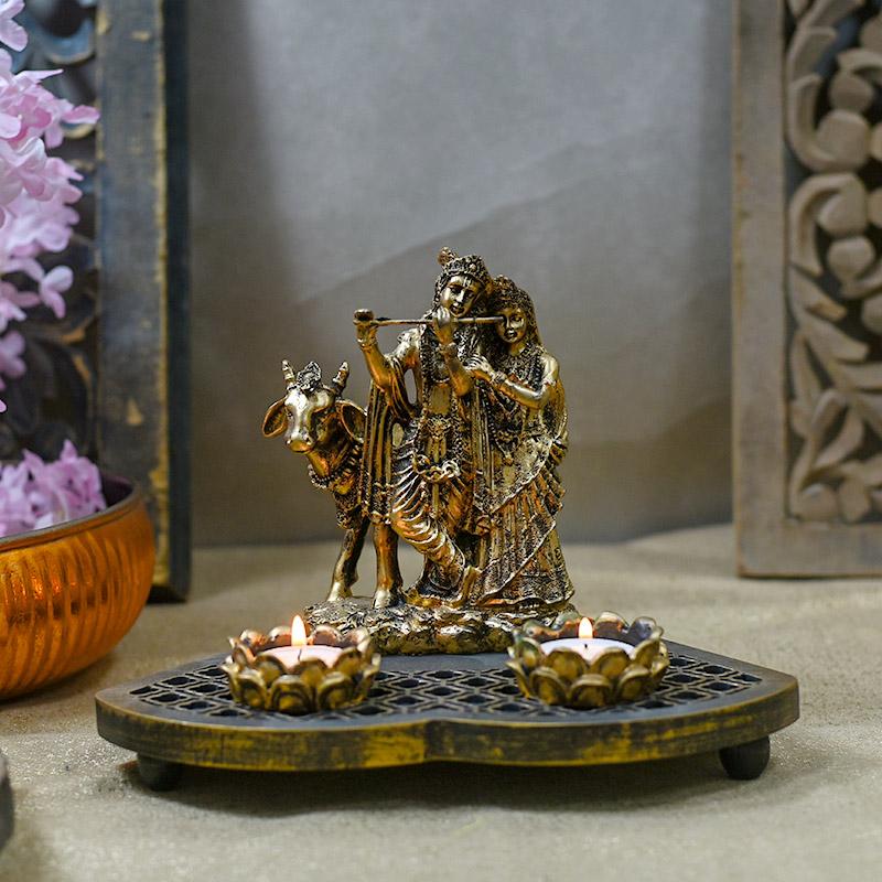 Stunning Radha Krishna Wooden Candle Holder Showpiece