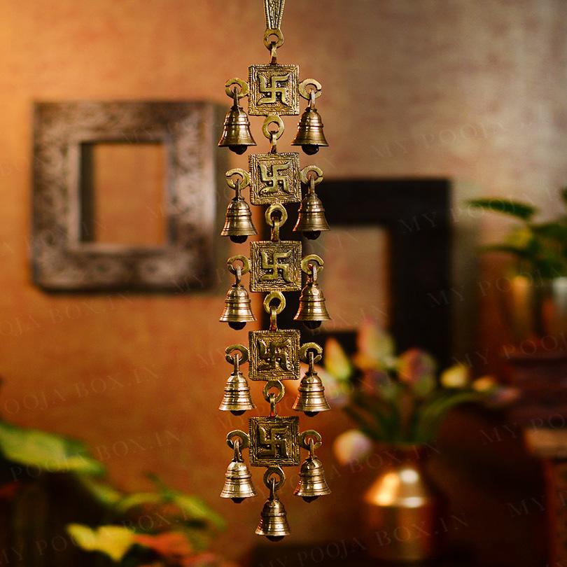 Antique Brass Door/Wall Hanging 11 Bells with Engraved Swastik