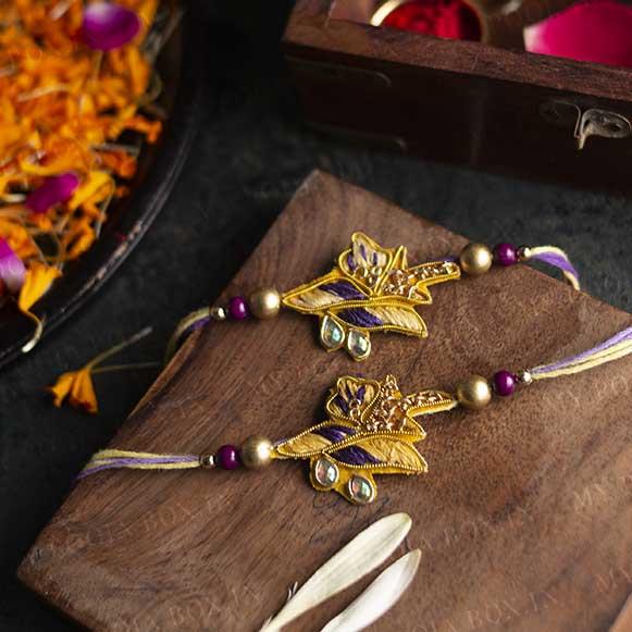 Daffodil Leaf Zardosi Rakhi (Set of 2)