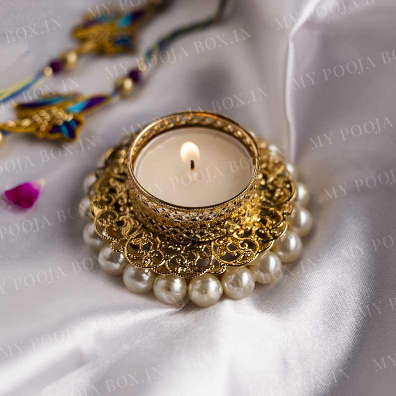 Elegant Pearl Studded Golden T-Light Candle Holder