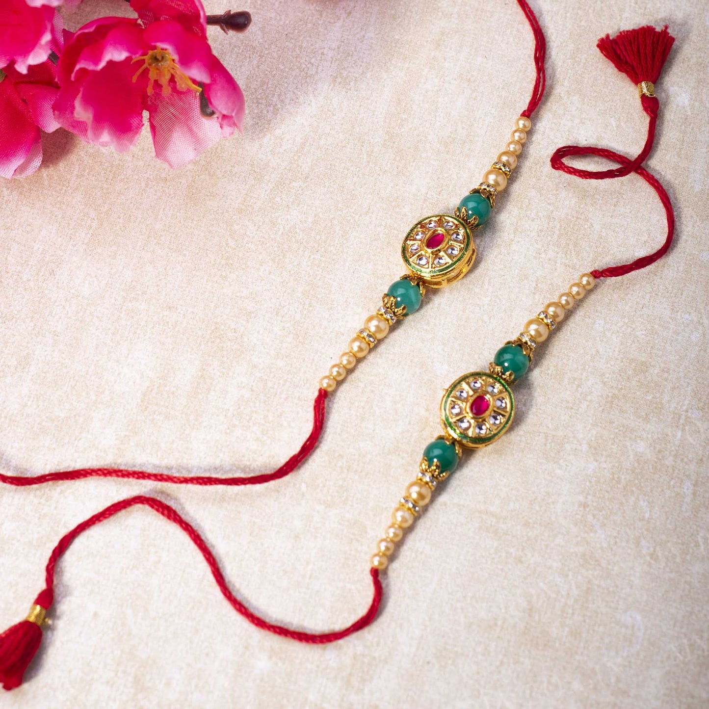 Vibrant Green & Red Jewel Rakhi (Set of 2)