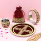 Velvet Maroon Golden Embroidery Karwa Chauth Thali set With Potli