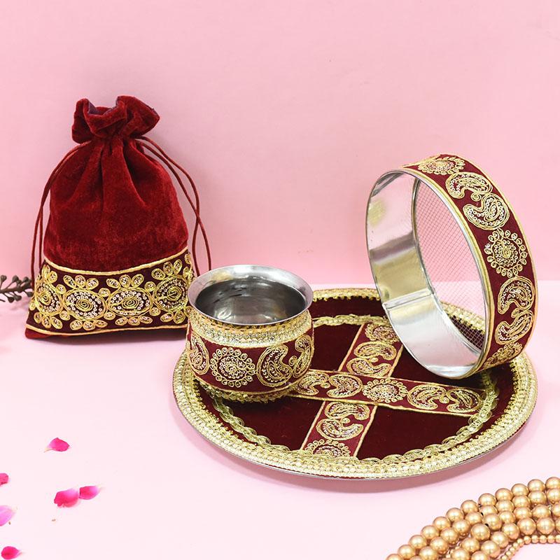 Velvet Maroon Golden Embroidery Karwa Chauth Thali set With Potli