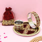 Velvet Maroon Golden Embroidery Karwa Chauth Thali set With Potli