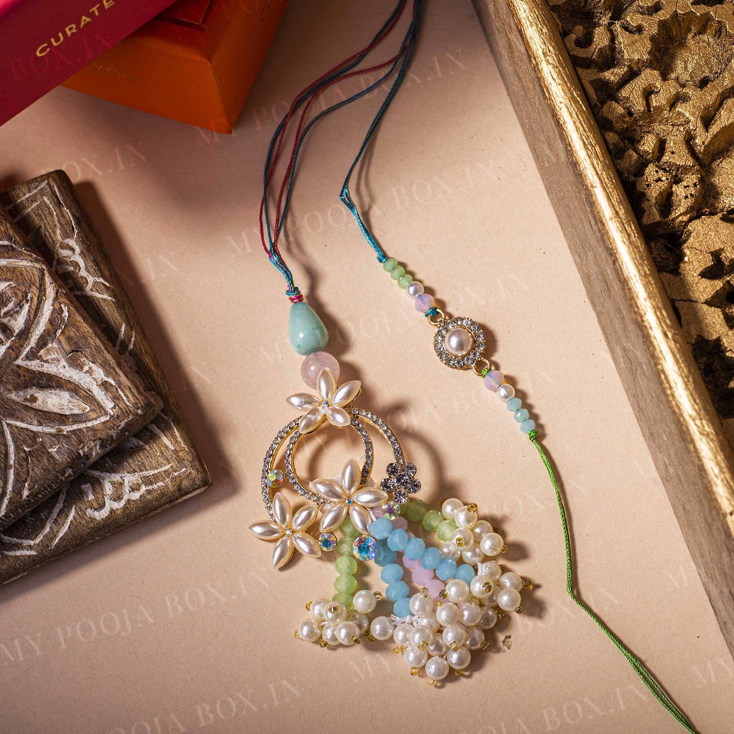 Azure Blue & Sea Green Bhaiya Bhabhi Rakhi (Set of 2)