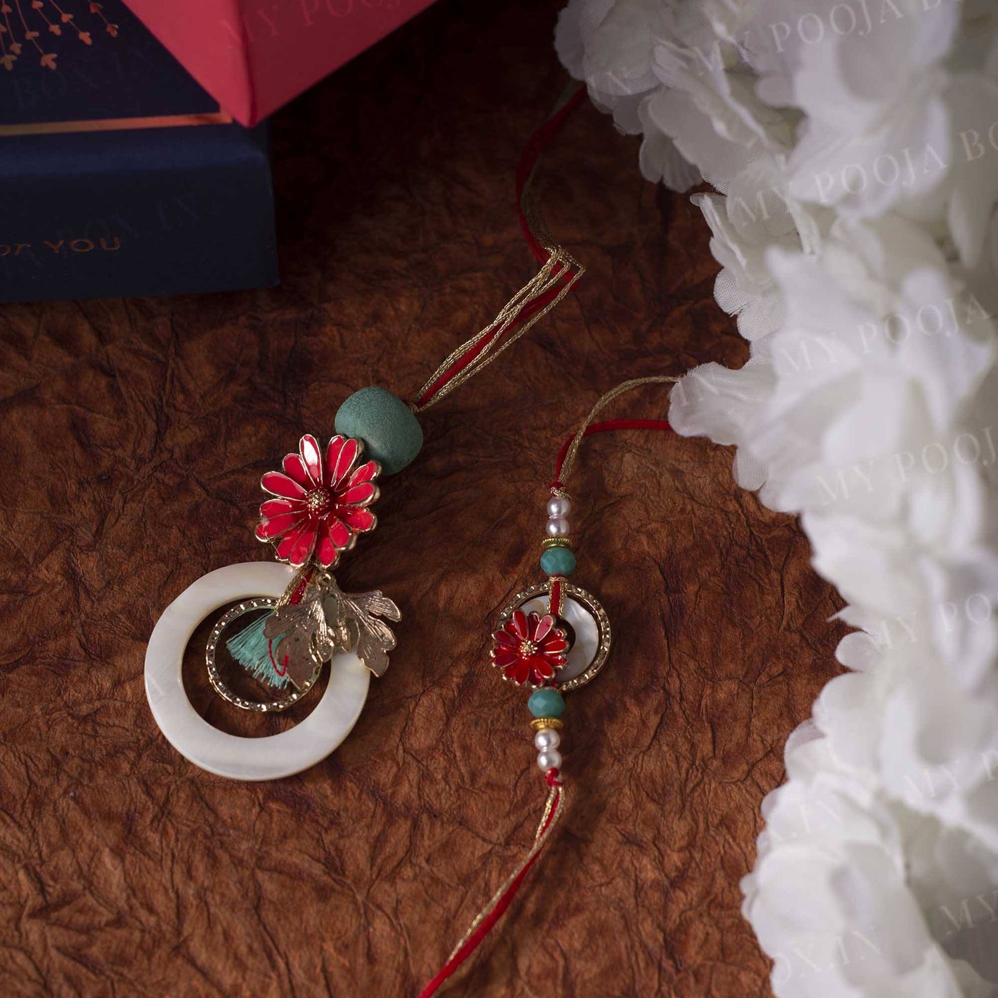 Red & Blue Floral Bhaiya Bhabhi Rakhi (Set of 2)
