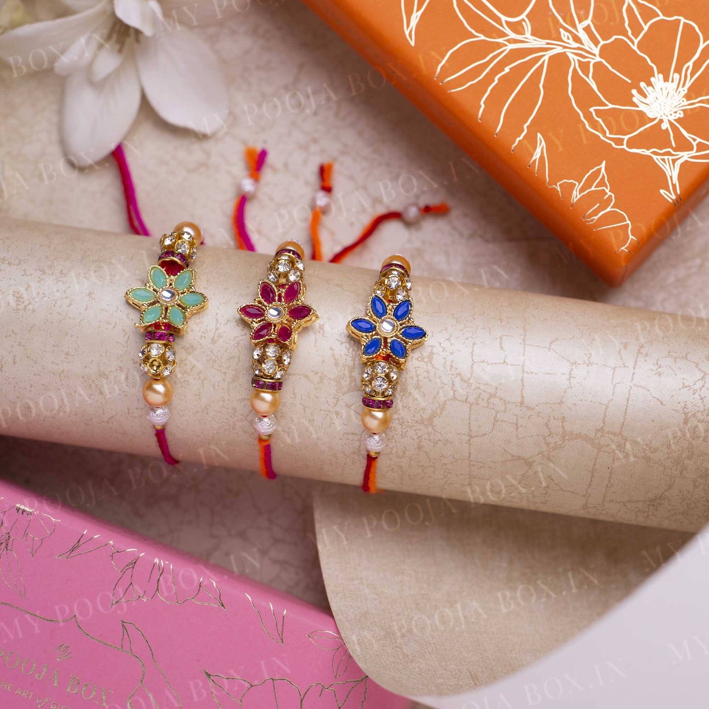 Radiant Flower Rakhi Set of 3