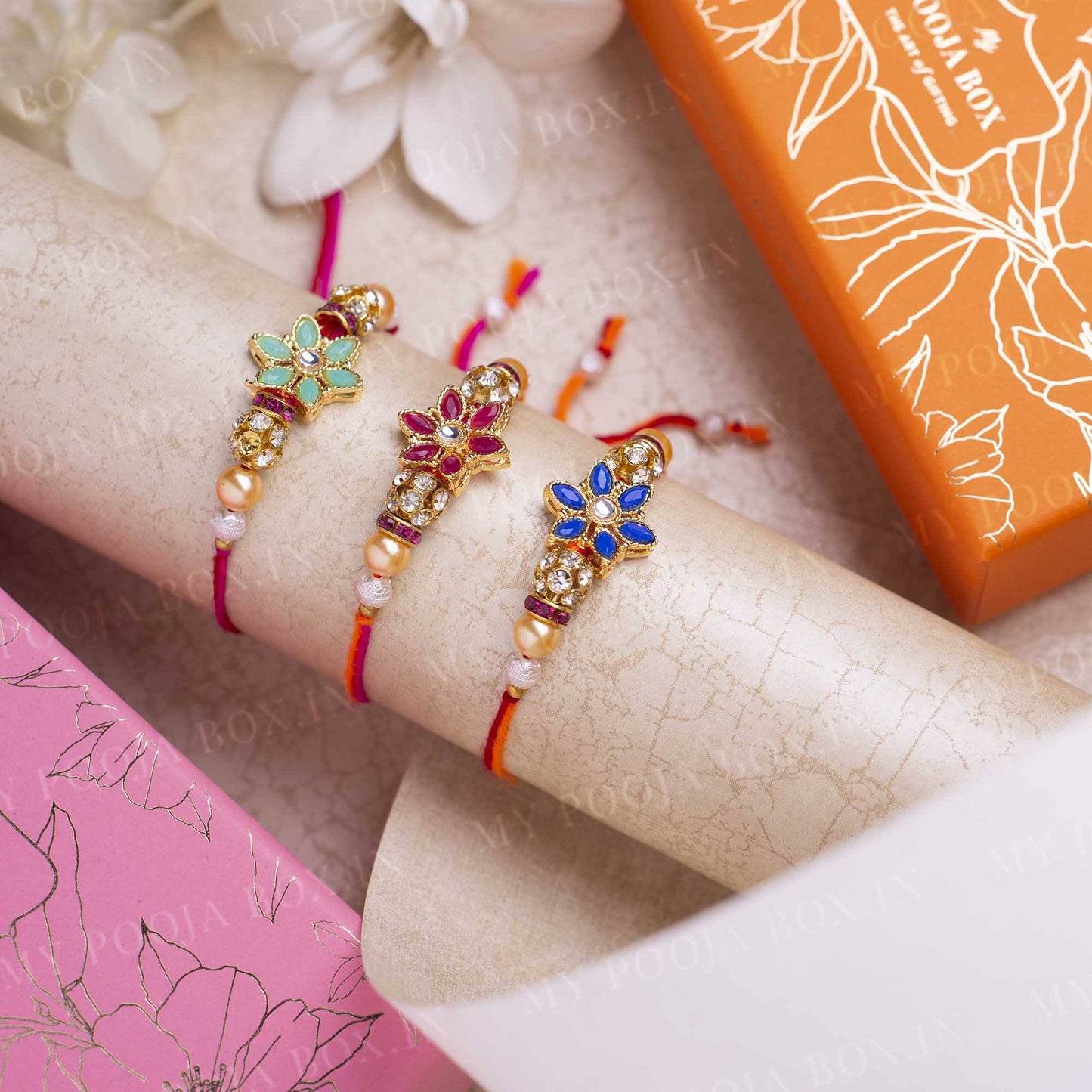 Radiant Flower Rakhi Set of 3