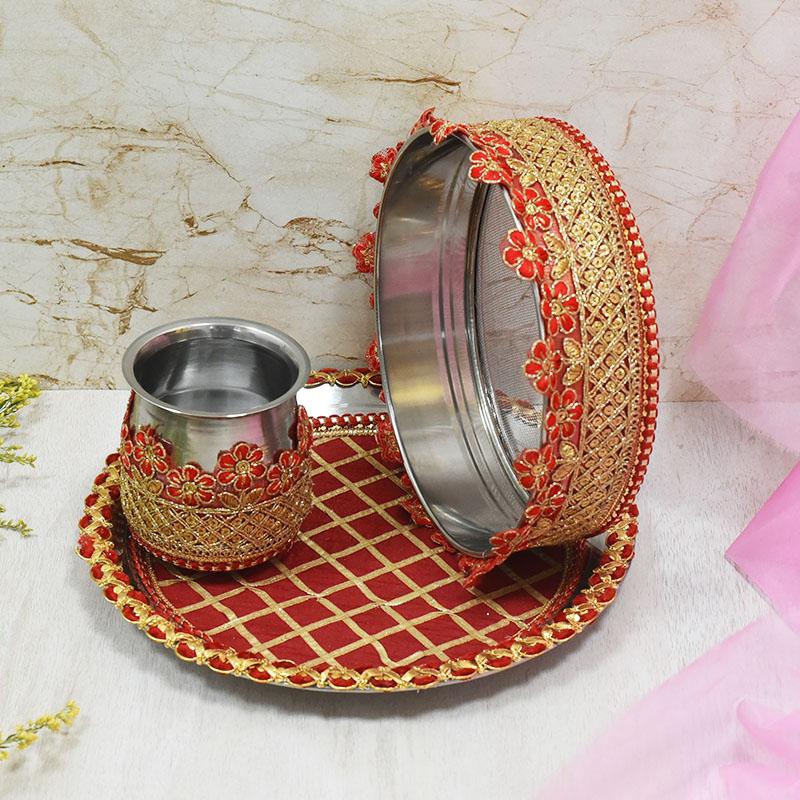 Ruby Red Embroided Karwa Chauth Thali Set