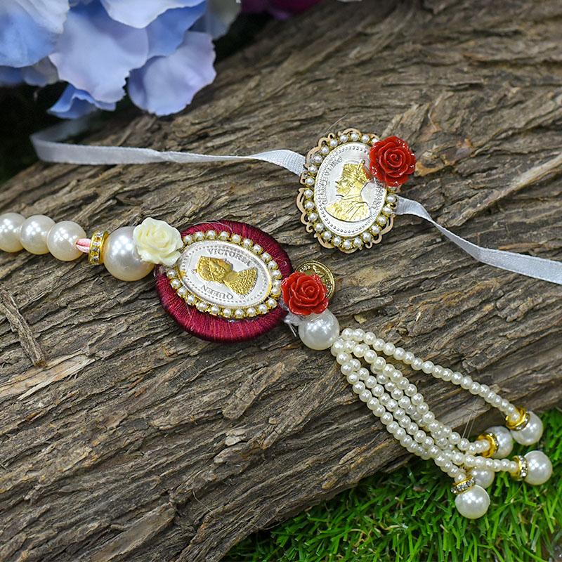 Silver Coin Beautiful Pearl Bhaiya Bhabhi Rakhi Set of 2