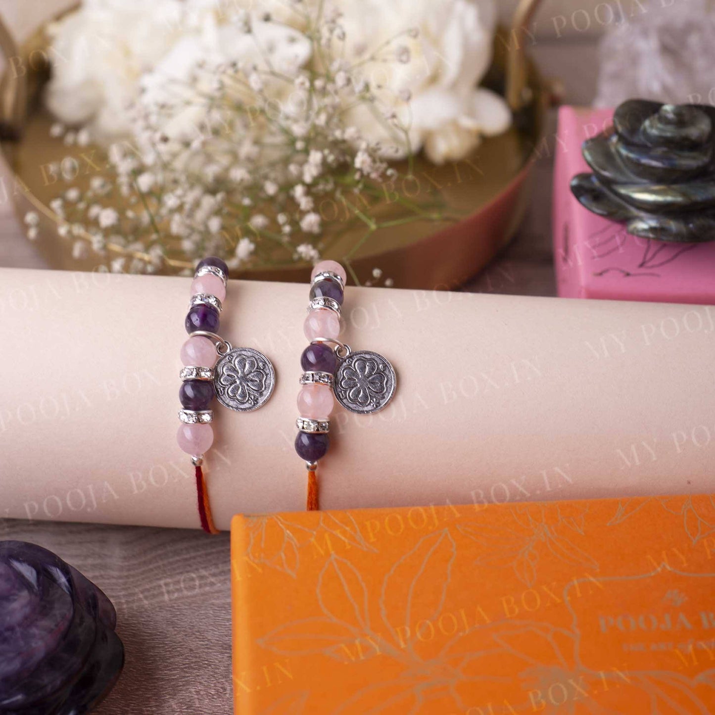 Rose Quartz & Amethyst Crystal Rakhi (Set of 2)