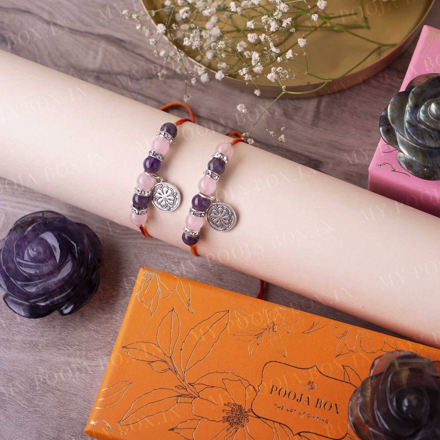 Rose Quartz & Amethyst Crystal Rakhi (Set of 2)