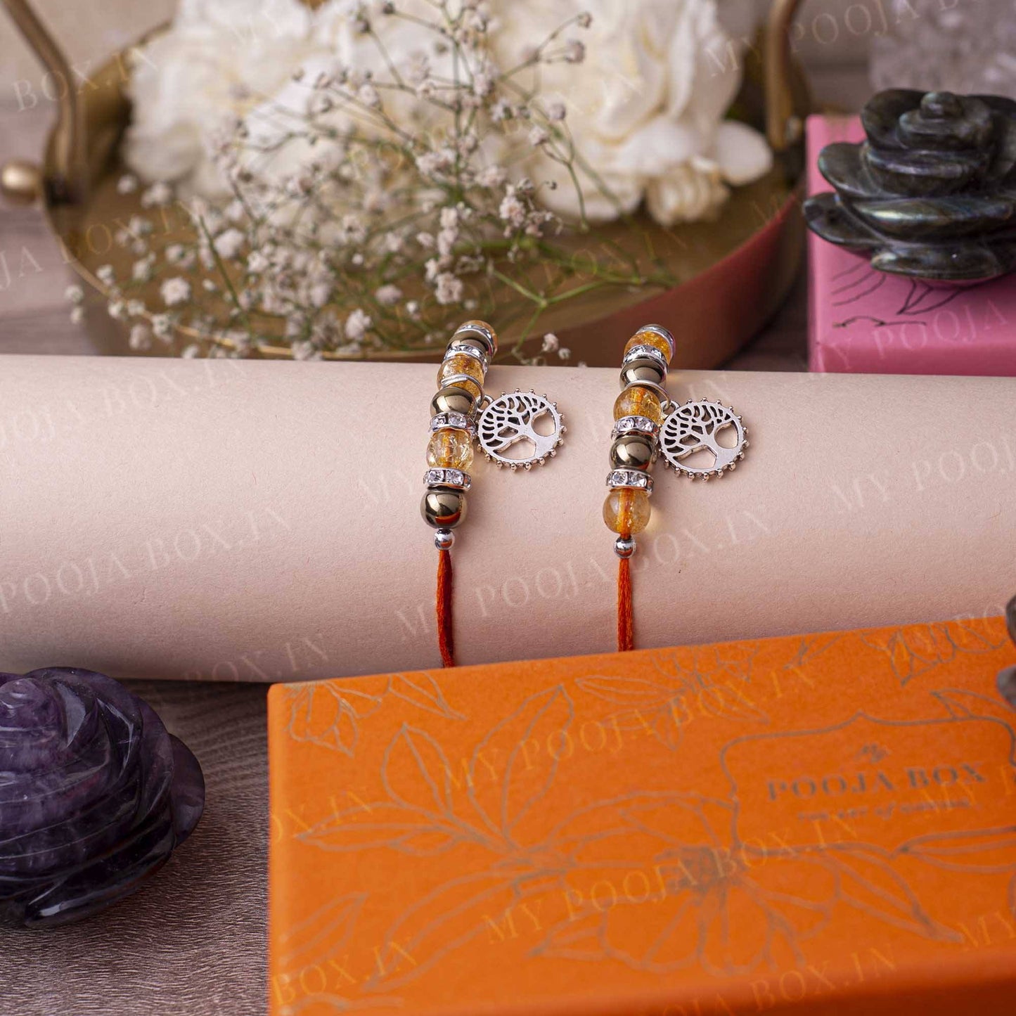 Wealth & Abundance Pyrite Citrine Crystal Rakhi (Set of 2)
