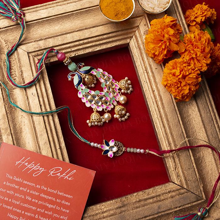 Beautiful Meenakari Peacock Rakhi for Bhaiya Bhabhi