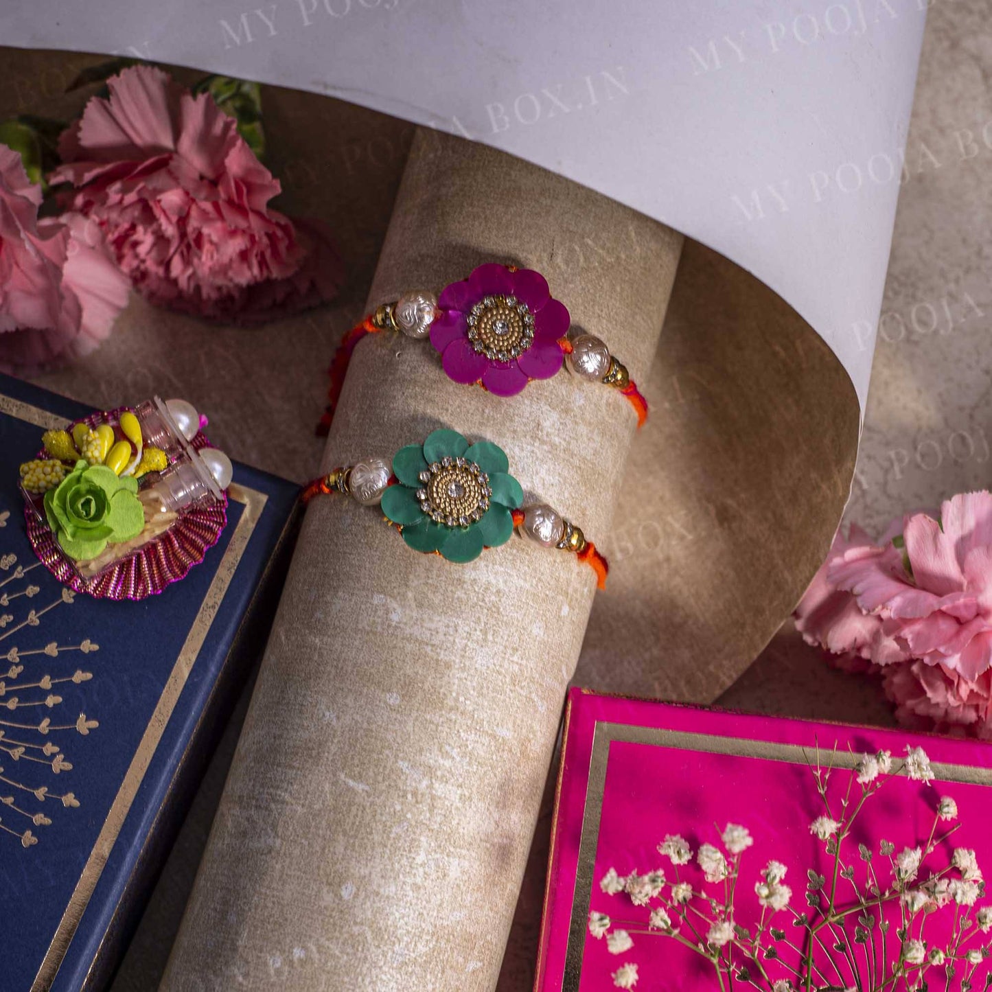 Pretty Floral Pink & Green Rakhi (Set of 2)