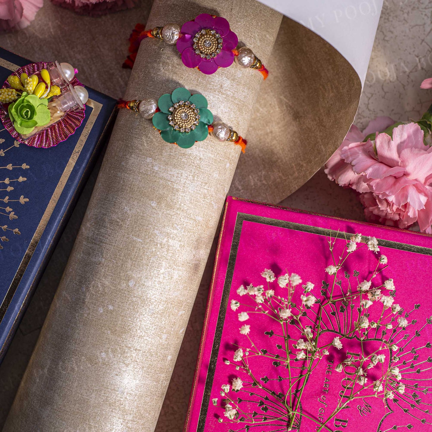 Pretty Floral Pink & Green Rakhi (Set of 2)