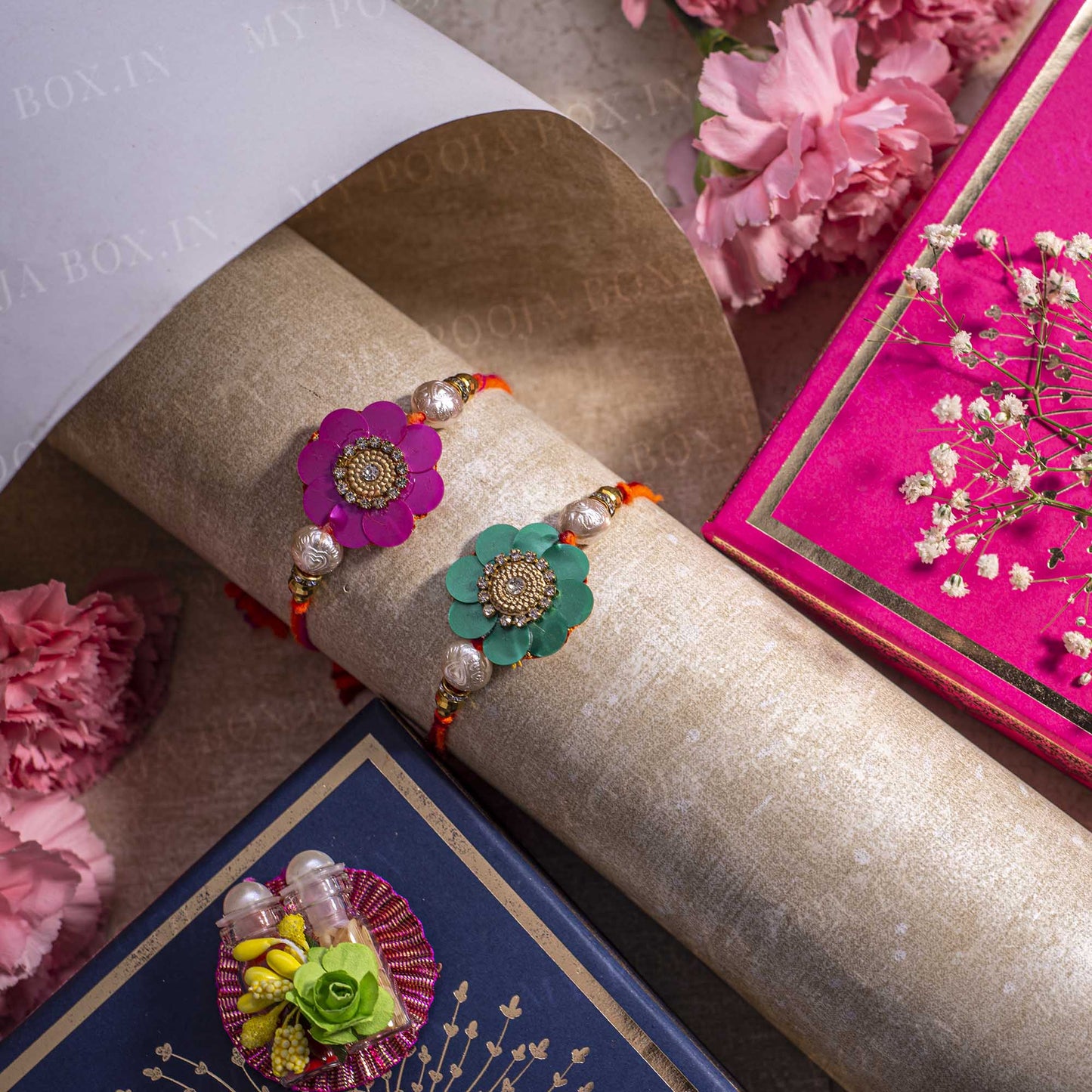 Pretty Floral Pink & Green Rakhi (Set of 2)