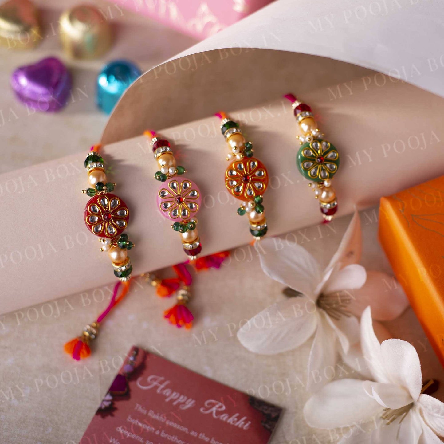 Stunning Round Kundan Rakhi Set of 4