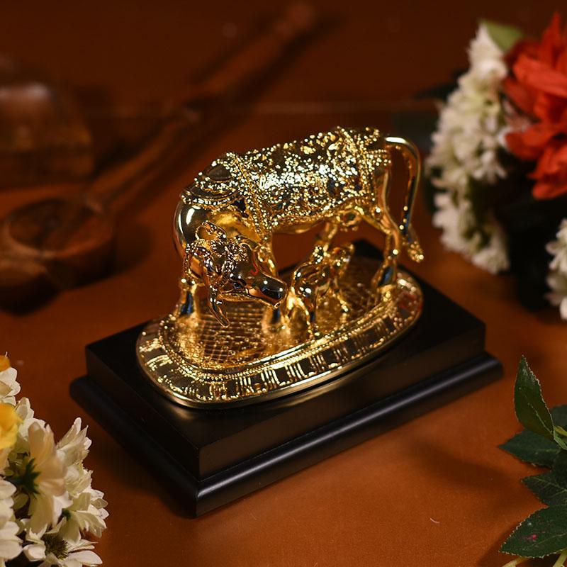 Auspicious Golden Kamdhenu with Calf Statue