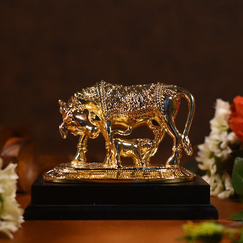 Auspicious Golden Kamdhenu with Calf Statue