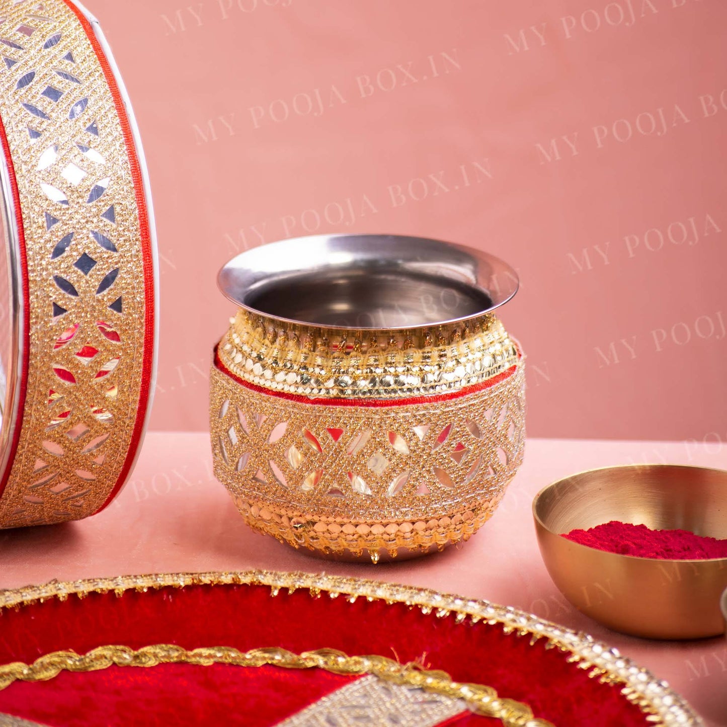 Red Mirrored Karwa Chauth Thali Set