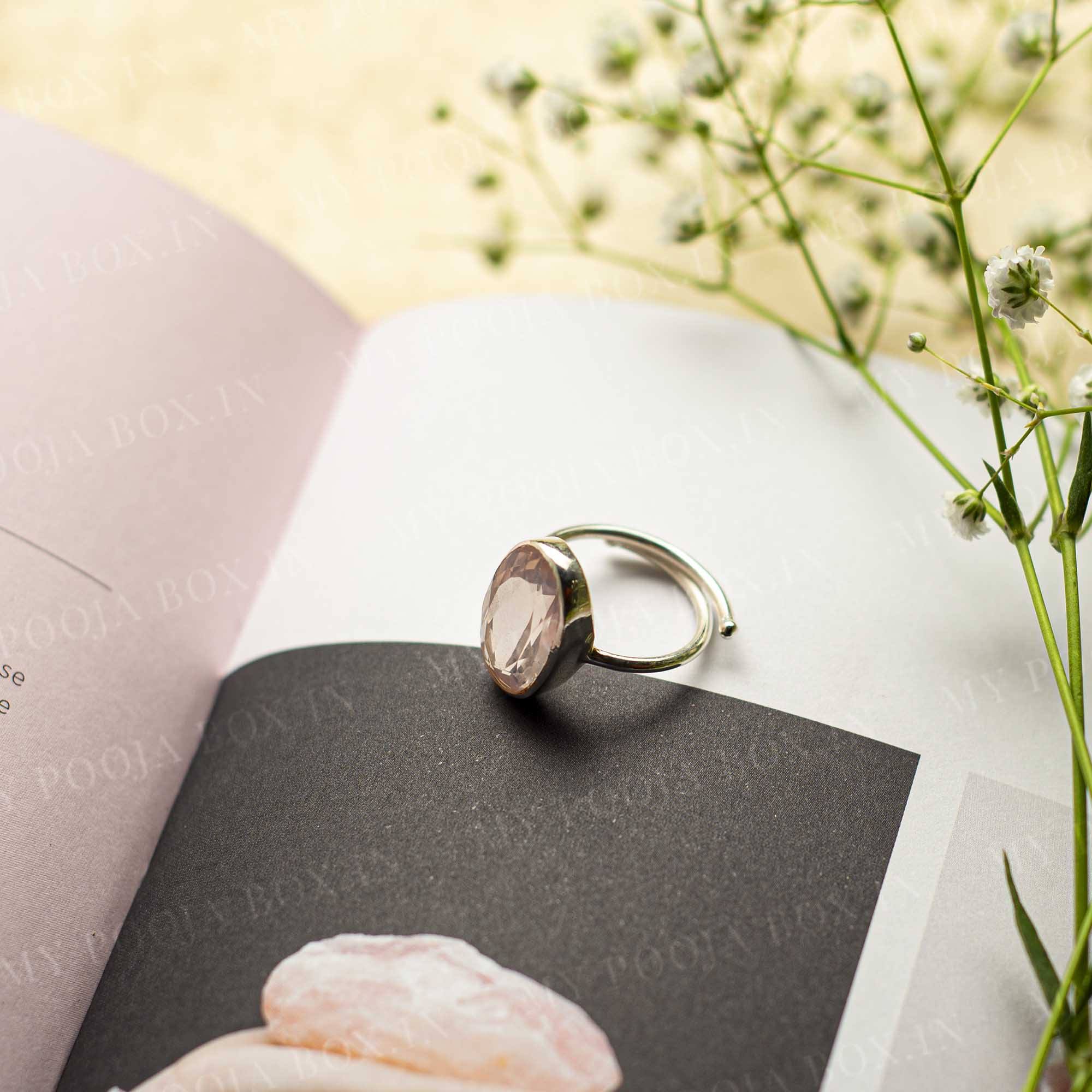 Rose Quartz Silver Adjustable Crystal Ring