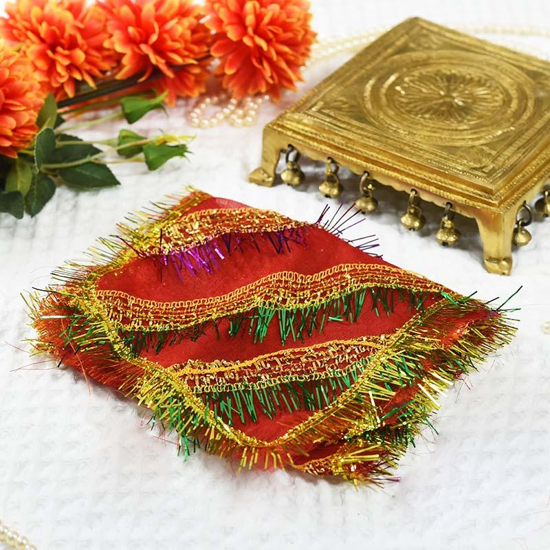 Red Designer Chowki Cover With Multicolour Lase
