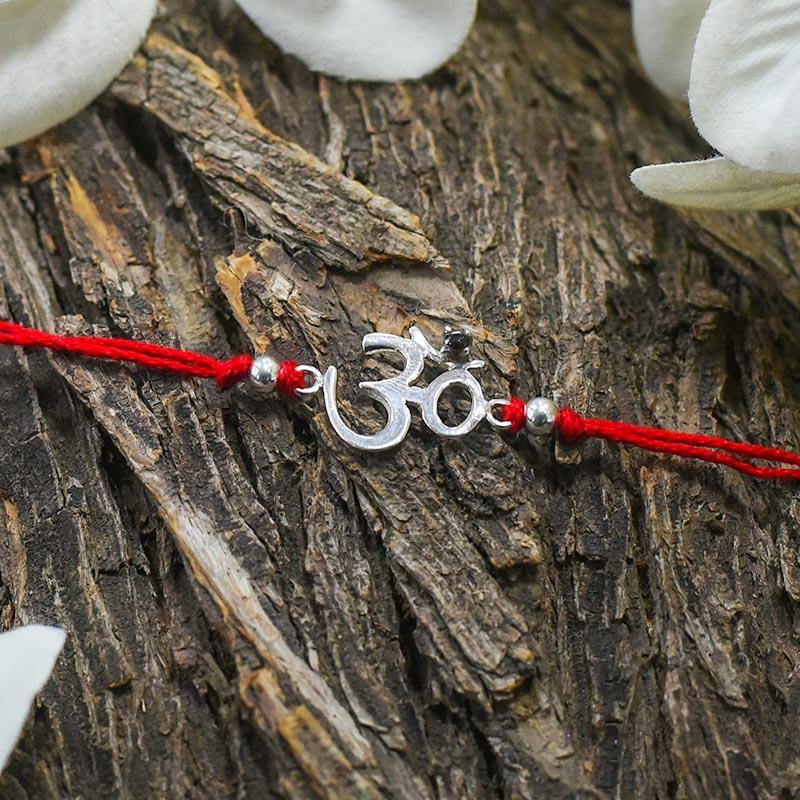 925 Silver Auspicious OM & Ruby Stone Rakhi