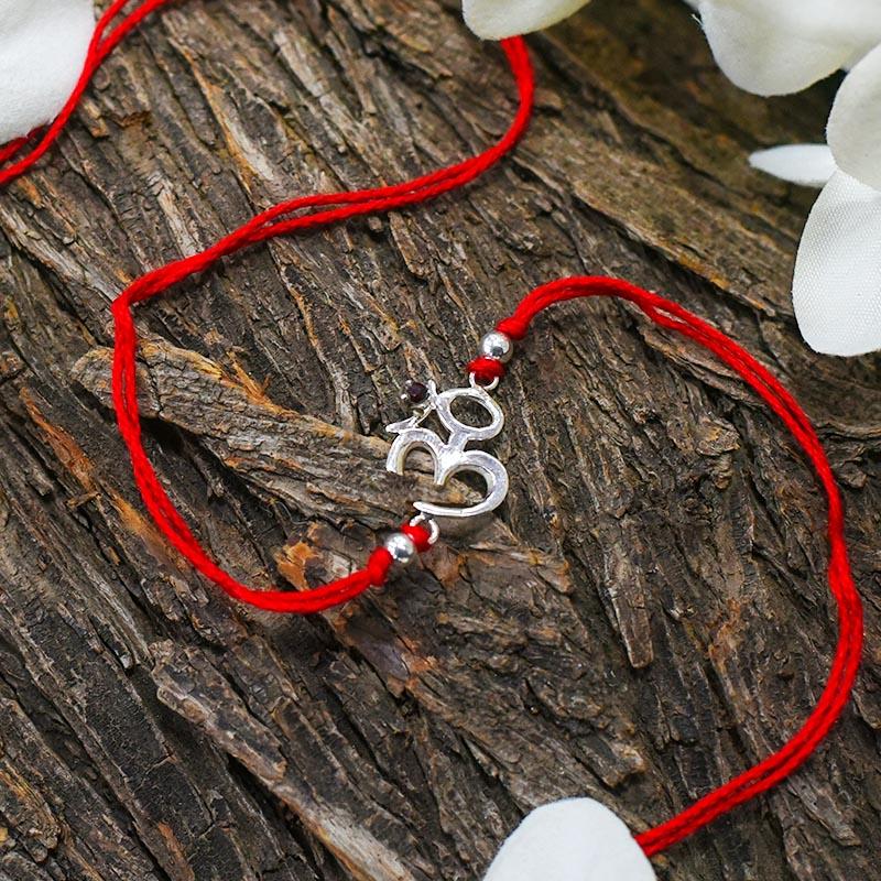 925 Silver Auspicious OM & Ruby Stone Rakhi