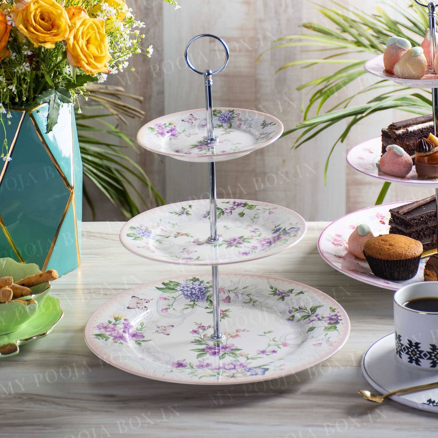 Floral Serving 3-Tier Platter